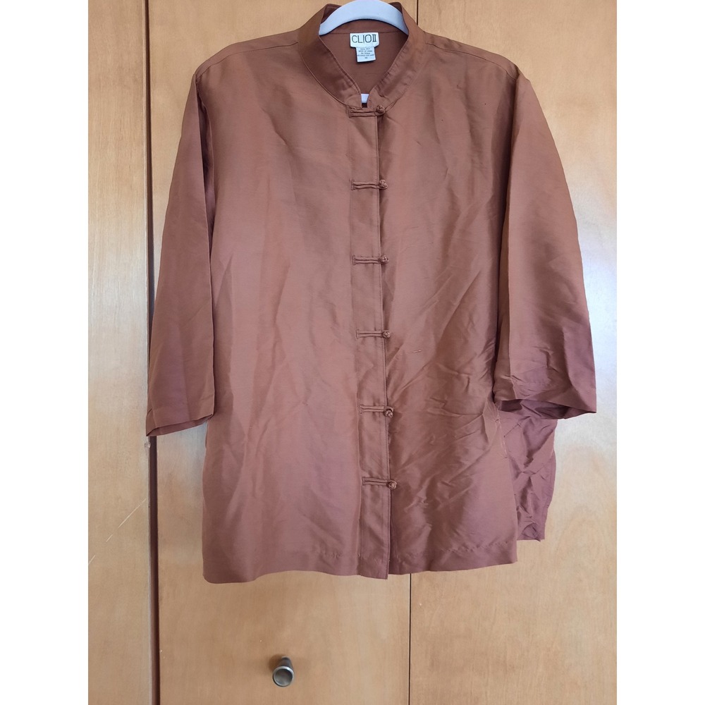 Clio II Womens 1X Silk Mandarin Collar Frog Button Blouse Brown 3/4 Sleeve Top